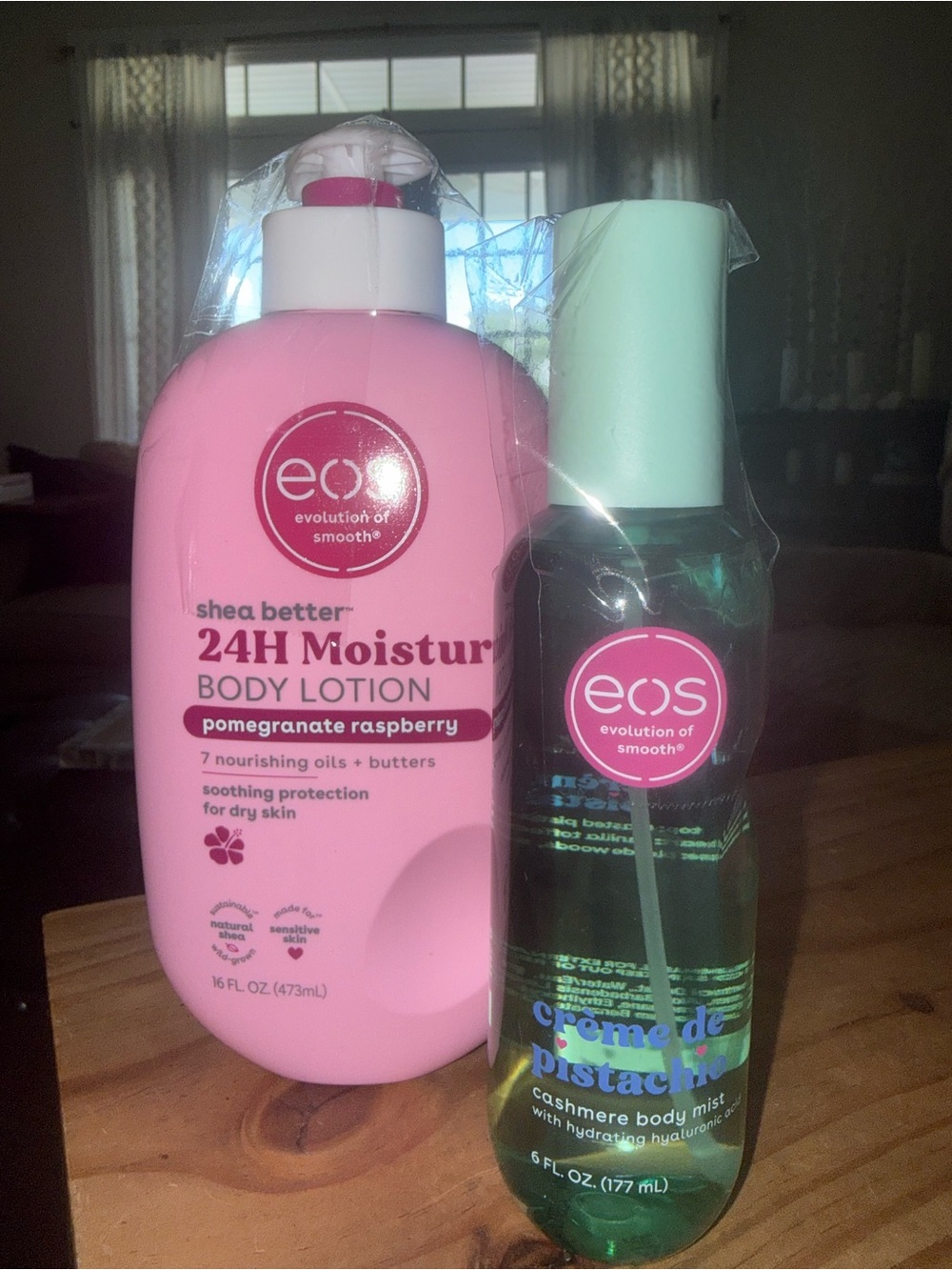 EOS body lotion, pomegranate raspberry& Buddy mist cream de pistachio